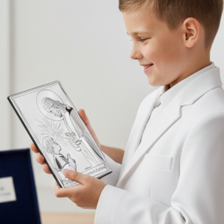 Pamiątka Pierwszej Komunii Świętej – chłopiec w białym garniturze trzyma srebrny obrazek z Jezusem i hostią JHS