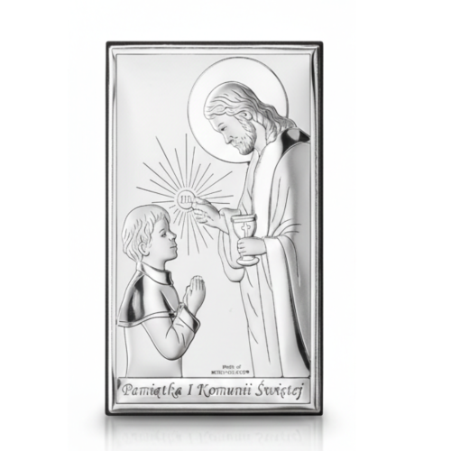 Srebrny obrazek na Pierwszą Komunię – Jezus udziela Komunii chłopcu, napis Pamiątka I Komunii Świętej