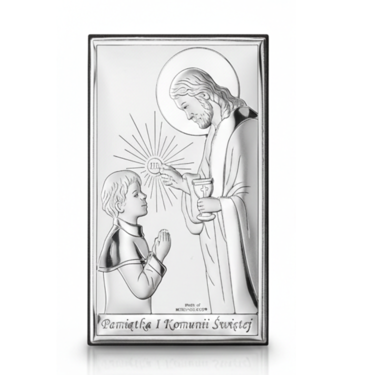 Srebrny obrazek na Pierwszą Komunię – Jezus udziela Komunii chłopcu, napis Pamiątka I Komunii Świętej