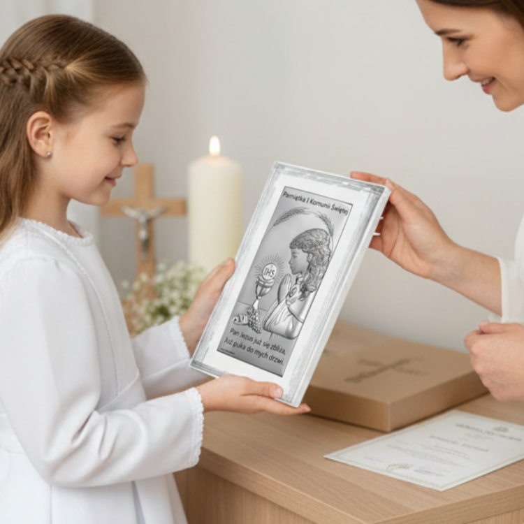 Pamiątka Pierwszej Komunii Świętej – dziewczynka w albie otrzymuje obrazek w ramce z modlitwą i hostią JHS