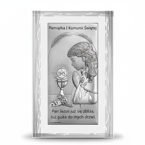 Srebrny obrazek komunijny w ramce z modlącą się dziewczynką, kielichem i hostią JHS, napis Pamiątka I Komunii Świętej