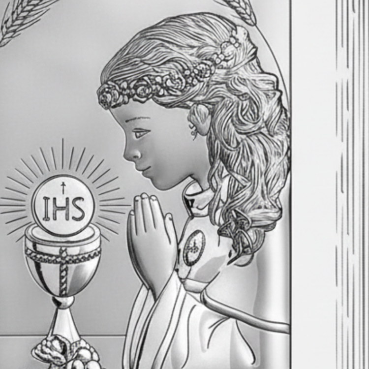 Zbliżenie na obrazek komunijny: dziewczynka modląca się przy kielichu i hostii z napisem JHS