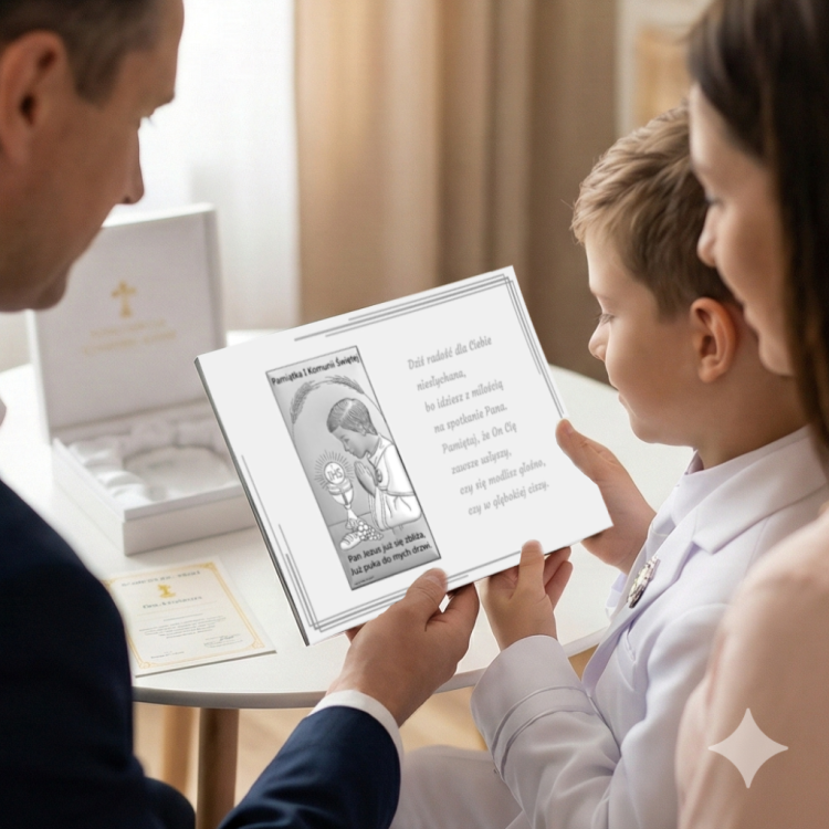 Pamiątka Pierwszej Komunii – rodzice i chłopiec w albie oglądają ramkę z cytatem i obrazkiem komunijnym