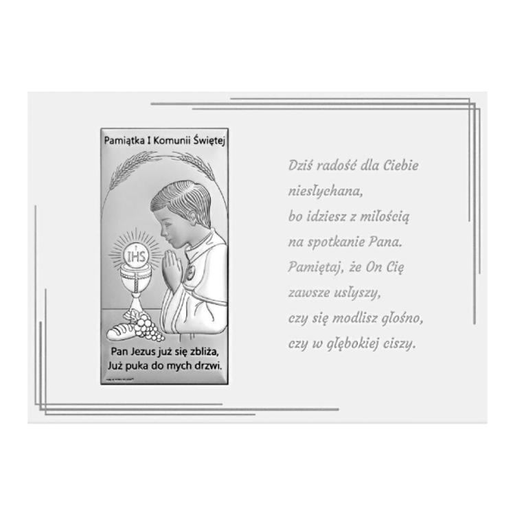 Ramka komunijna z cytatem i srebrnym obrazkiem modlącego się chłopca przy hostii JHS – Pamiątka I Komunii Świętej
