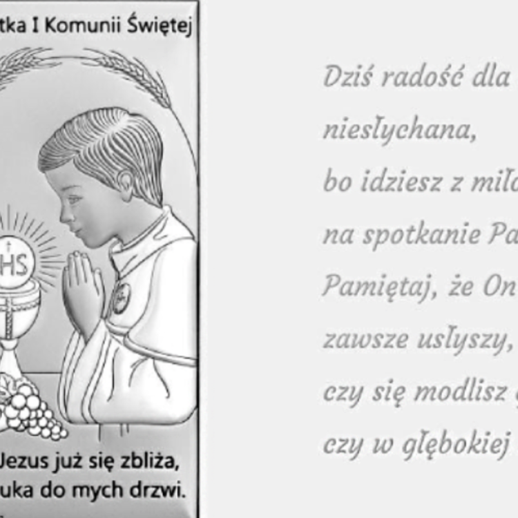 Zbliżenie na obrazek komunijny: modlący się chłopiec, hostia JHS, kielich i winogrona