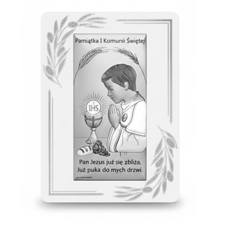 Srebrny obrazek komunijny z modlącym się chłopcem i hostią IHS, dekor gałązki, napis Pamiątka I Komunii Świętej