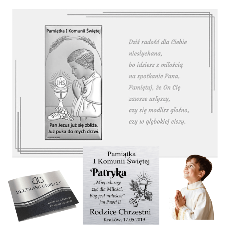 Kolaż: srebrny obrazek „Pamiątka I Komunii Świętej” z modlącym się chłopcem i kielichem IHS, wizualizacja personalizacji