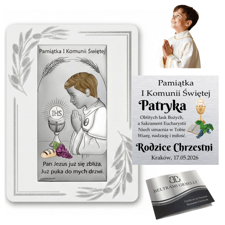 Kolaż: srebrny obrazek „Pamiątka I Komunii Świętej” z modlącym się chłopcem i kielichem IHS, wizualizacja personalizacji