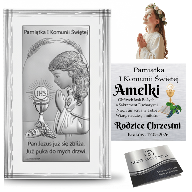 Kolaż: srebrny obrazek „Pamiątka I Komunii Świętej” z modlącą się dziewczynką i kielichem IHS, wizualizacja personalizacji