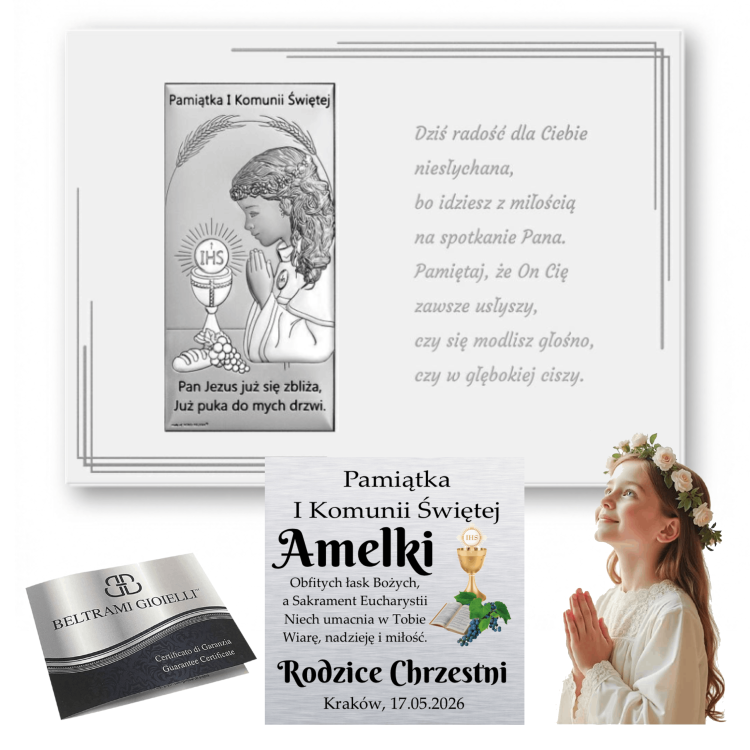 Kolaż: srebrny obrazek „Pamiątka I Komunii Świętej” z modlącą się dziewczynką i kielichem IHS, wizualizacja personalizacji