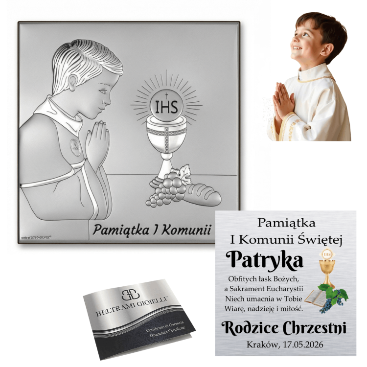 Kolaż: srebrny obrazek na I Komunię („Pamiątka I Komunii Świętej”) z modlącym się chłopcem i kielichem IHS, wizualizacja personalizacji