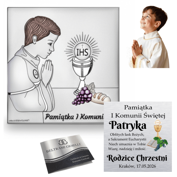 Kolaż: srebrny obrazek na I Komunię („Pamiątka I Komunii Świętej”) z modlącym się chłopcem i kielichem IHS, wizualizacja personalizacji