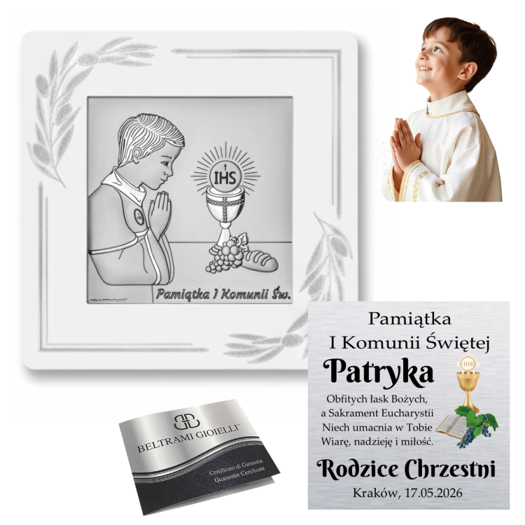 Kolaż: srebrny obrazek na I Komunię („Pamiątka I Komunii Świętej”) z modlącym się chłopcem i kielichem IHS, wizualizacja personalizacji