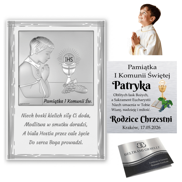 Kolaż: srebrny obrazek na I Komunię („Pamiątka I Komunii Świętej”) z modlącym się chłopcem i kielichem IHS, wizualizacja personalizacji