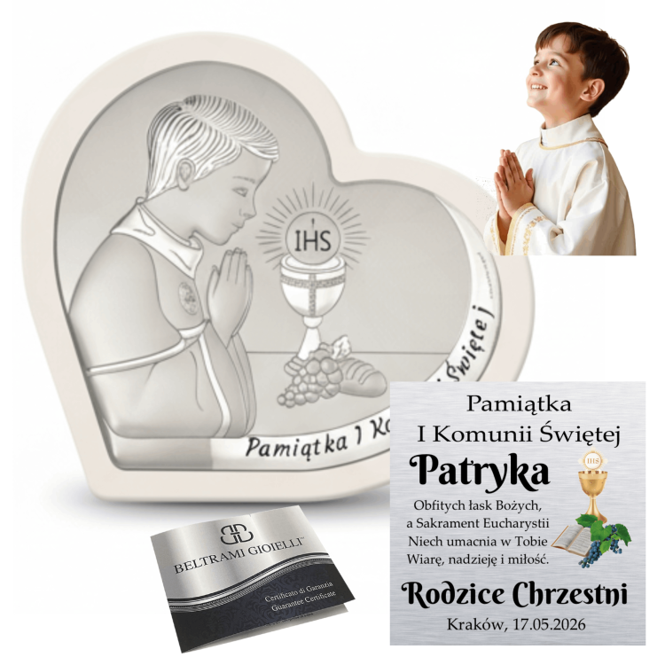 Kolaż: srebrny obrazek na I Komunię („Pamiątka I Komunii Świętej”) z modlącym się chłopcem i kielichem IHS, wizualizacja personalizacji