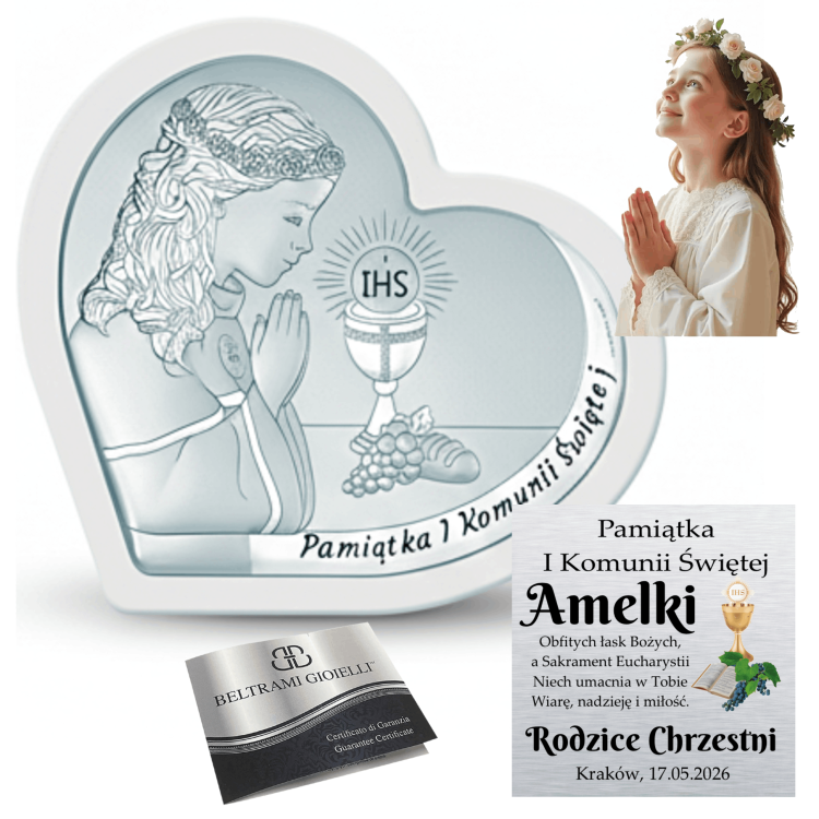 Kolaż: srebrny obrazek na I Komunię („Pamiątka I Komunii Świętej”) z modlącą się dziewczynką i kielichem IHS, wizualizacja personalizacji