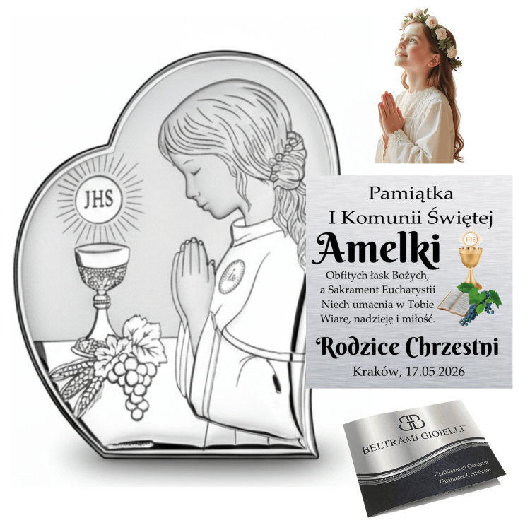 Kolaż: srebrny obrazek na I Komunię („Pamiątka I Komunii Świętej”) z modlącą się dziewczynką i kielichem IHS, wizualizacja personalizacji