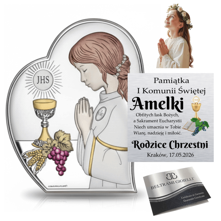 Kolaż: srebrny obrazek na I Komunię („Pamiątka I Komunii Świętej”) z modlącą się dziewczynką i kielichem IHS, wizualizacja personalizacji