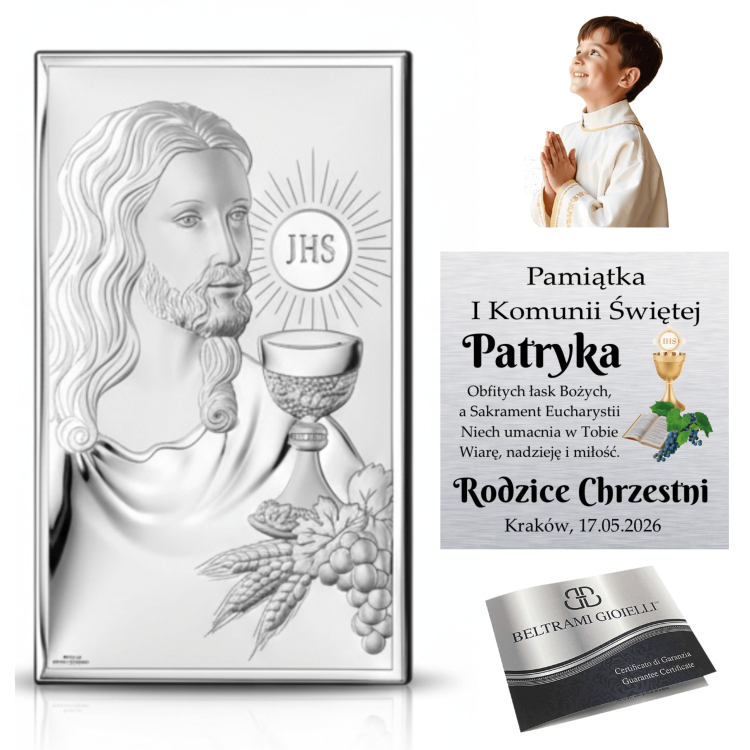 Kolaż: srebrny obrazek na I Komunię z wizerunkiem Jezusa, kielichem i symbolem JHS, wizualizacja personalizacji