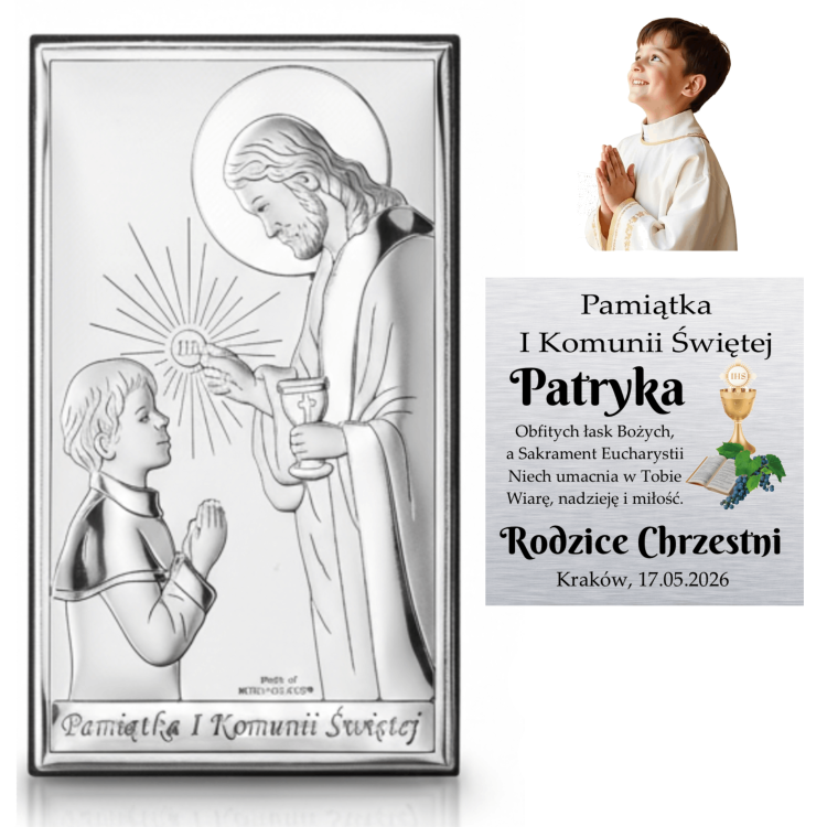 Kolaż: srebrny obrazek na I Komunię („Pamiątka I Komunii Świętej”) z modlącym się chłopcem i kielichem IHS, wizualizacja personalizacji