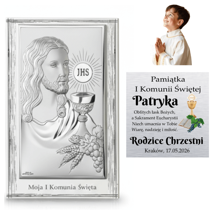 Kolaż: srebrny obrazek na I Komunię z wizerunkiem Jezusa, kielichem i symbolem JHS, wizualizacja personalizacji