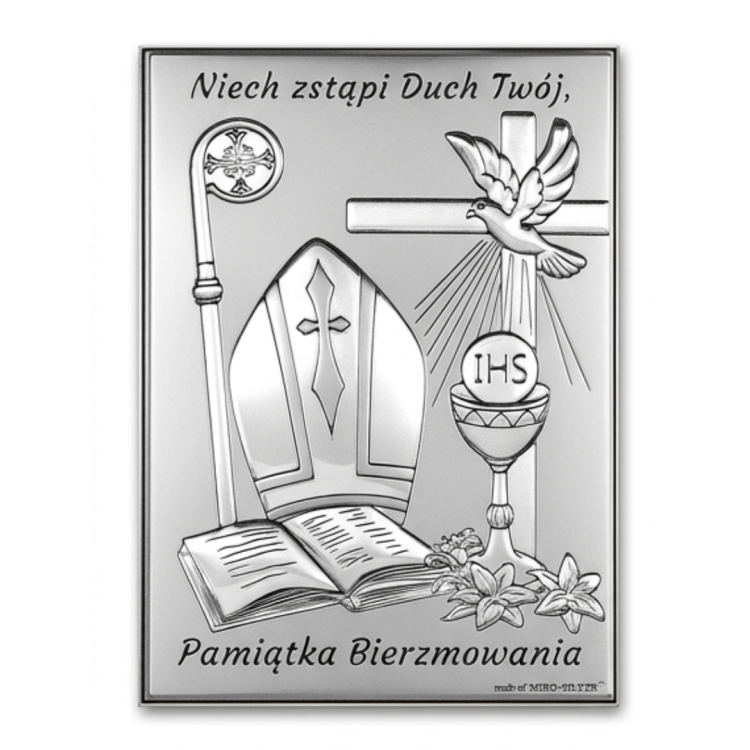 Srebrny obrazek „Pamiątka Bierzmowania” z napisem „Niech zstąpi Duch Twój” – gołębica, krzyż, mitra, Biblia i kielich IHS