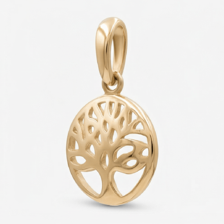 Zawieszka ze złota drzewo życia – ażurowy okrąg, widok 3/4 z uchwytem