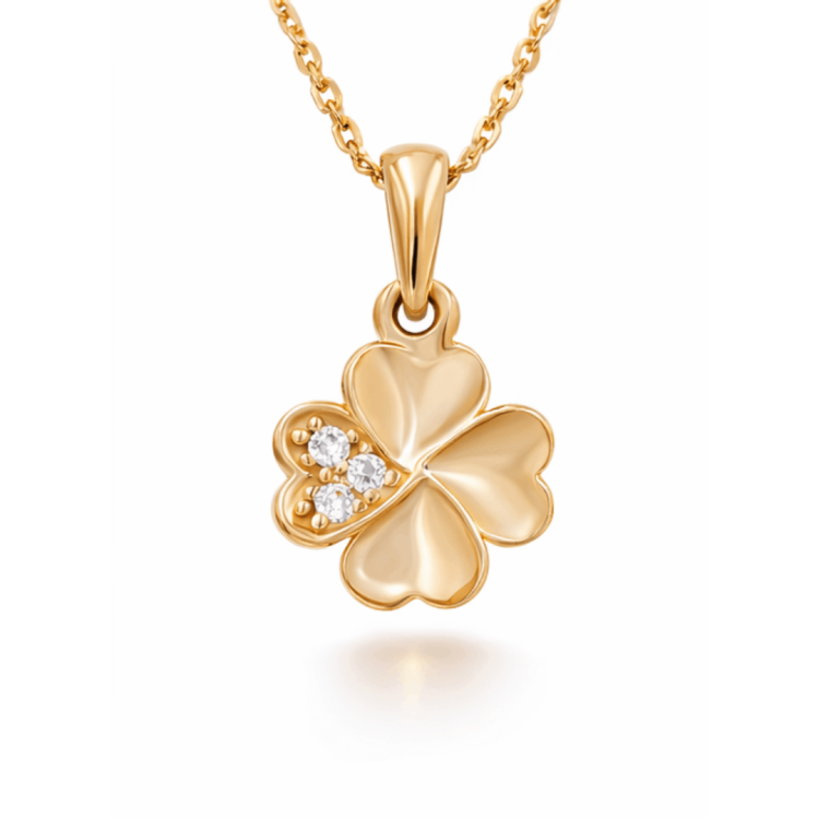 Złota zawieszka koniczynka z białymi kamieniami – wisiorek na łańcuszek