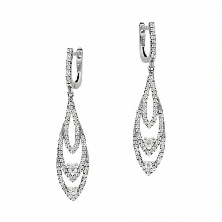 Długie wiszące kolczyki w kolorze białego złota z cyrkoniami – ażurowe łezki