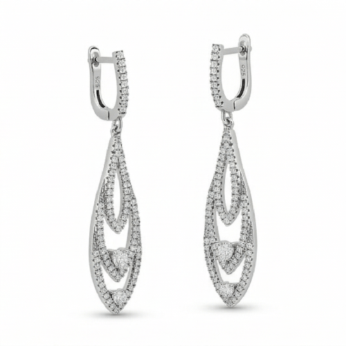 Kolczyki łezki z białego metalu z zapięciem angielskim – podwójna ażurowa forma z cyrkoniami