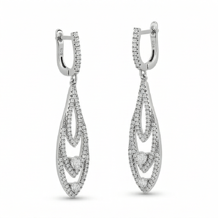 Kolczyki łezki z białego metalu z zapięciem angielskim – podwójna ażurowa forma z cyrkoniami