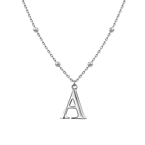 srebrny naszyjnik z literą A na łańcuszku z kuleczkami