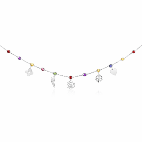 srebrny naszyjnik z kolorowymi cyrkoniami i zawieszkami koniczyna skrzydło serce kwiat