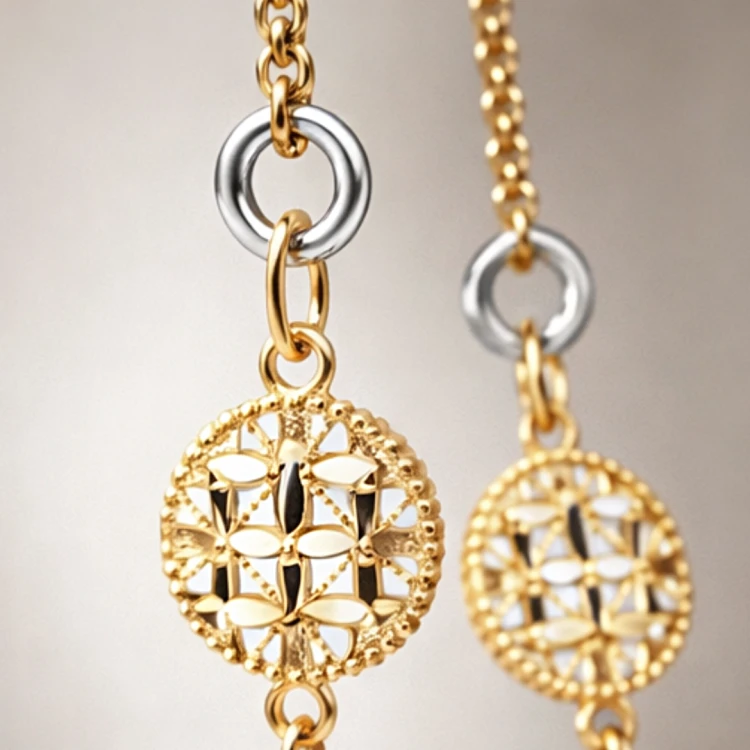 Dwukolorowe kolczyki wiszące z ażurowym okrągłym elementem i srebrnymi obręczami na jasnym tle
