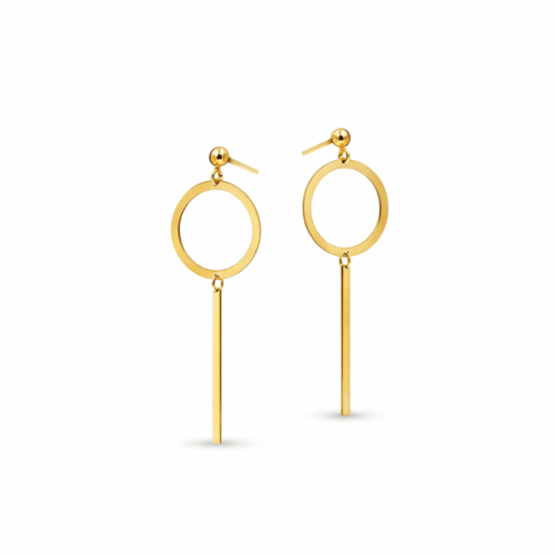 Złote kolczyki wiszące z okrągłym elementem i pionową pałeczką na jasnym tle