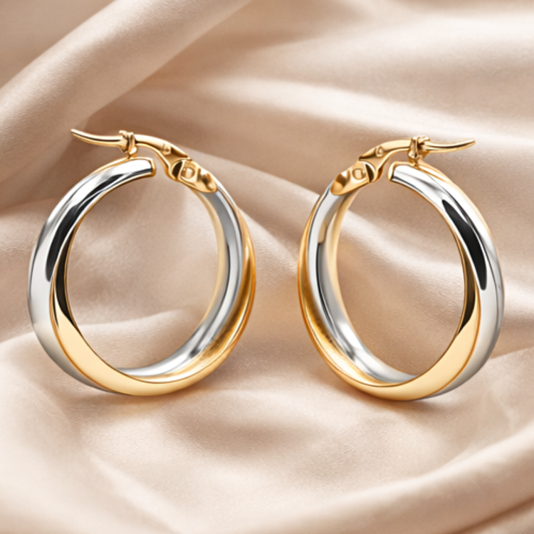 Dwukolorowe kolczyki koła o szerokim profilu na satynowej tkaninie