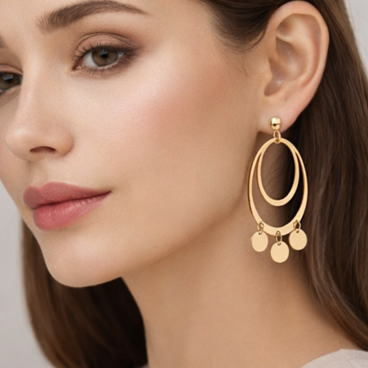 Złoty kolczyk wiszący z podwójnym owalem i trzema zawieszkami na uchu modelki