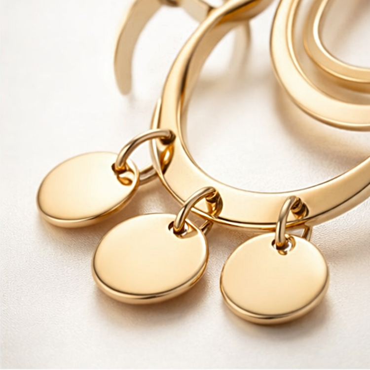 Zbliżenie złotego kolczyka wiszącego z podwójnym owalem i okrągłymi zawieszkami