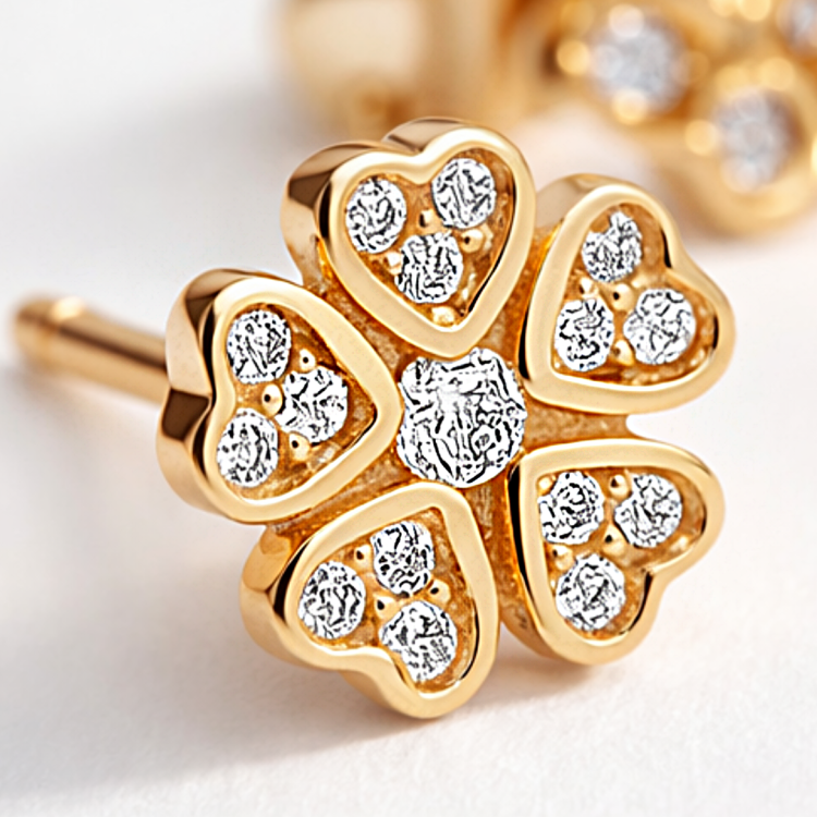 Zbliżenie na złoty kolczyk sztyft w kształcie czterolistnej koniczyny z dekoracyjnymi jasnymi kamieniami