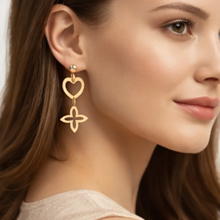 Modelka w złotych kolczykach wiszących z sercem i koniczyną