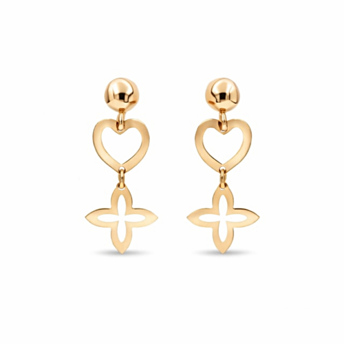 Złote kolczyki wiszące z ażurowym sercem i koniczyną