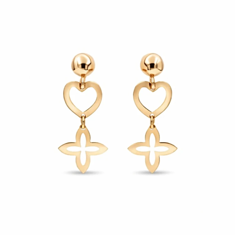 Złote kolczyki wiszące z ażurowym sercem i koniczyną