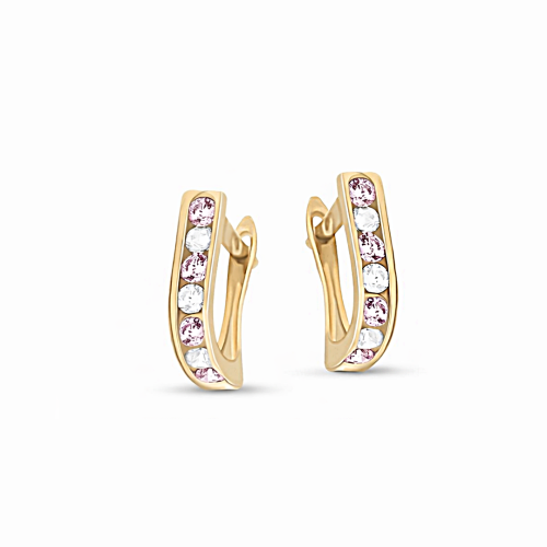 Złote kolczyki zatrzaskowe z różowymi i białymi cyrkoniami