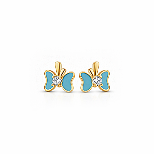 Para złotych kolczyków sztyftów z motywem motyla, niebieskimi skrzydłami i białym kamieniem