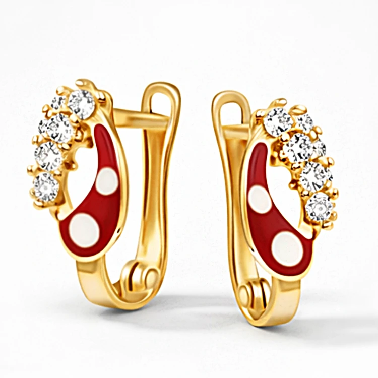 Złote kolczyki z czerwonym zdobieniem w kształcie łezki i rzędem białych kamieni