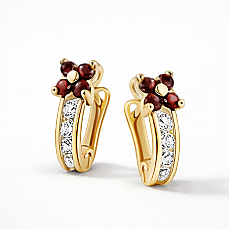 Złote kolczyki z kwiatowym motywem z bordowych kamieni i rzędem białych kamieni