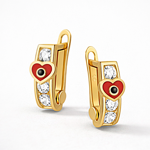 Złote kolczyki z motywem czerwonego serca, czarnym detalem i rzędem białych kamieni