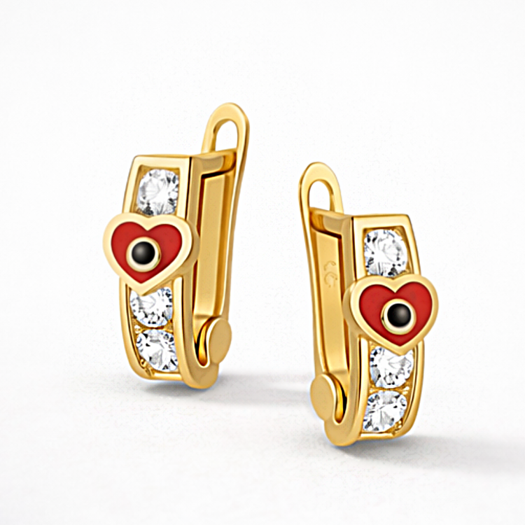 Złote kolczyki z motywem czerwonego serca, czarnym detalem i rzędem białych kamieni