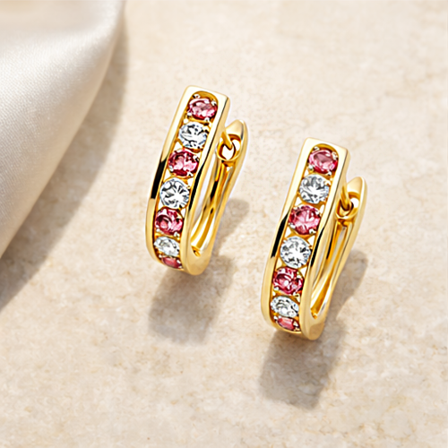 Para złotych kolczyków kół z różowymi i białymi kamieniami na jasnym tle