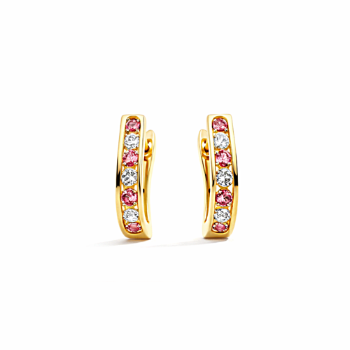 Złote kolczyki koła z różowymi i białymi kamieniami – widok z przodu